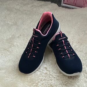 Skechers Navy and Pink Slip-On Memory Foam Walking Sneakers 8